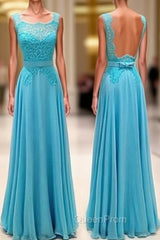 Blue Lace Long Evening Prom Dresses, Blue Evening Dresses For Teens