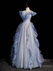 Blue Off Shoulder Tulle Sequin Beading Long Evening Prom Dresses, Blue Formal Dresses