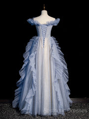 Blue Off Shoulder Tulle Sequin Beading Long Evening Prom Dresses, Blue Formal Dresses