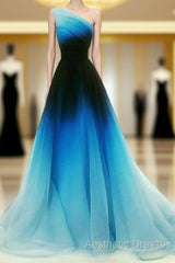 Blue Ombre One Shoulder Ruched Evening Prom Dresses