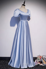 Blue Satin Beaded A-Line Long Party Dresses, Blue Evening Prom Party Dresses Formal Dresses