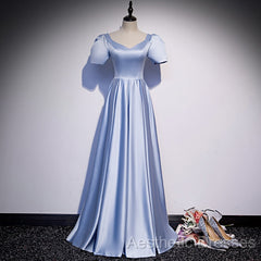 Blue Satin Beaded A-Line Long Party Dresses, Blue Evening Prom Party Dresses Formal Dresses