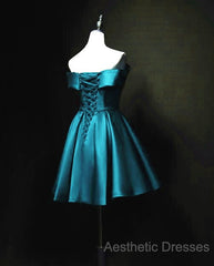 Blue Satin Cute Knee Length Short Evening Prom Dresses Homecoming Dresses, Off Shoulder Formal Dresses
