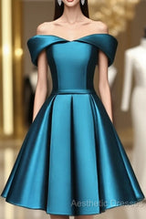 Blue Satin Cute Knee Length Short Evening Prom Dresses Homecoming Dresses, Off Shoulder Formal Dresses