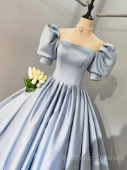 Blue Satin Floor Length Evening Prom Dresses, A-Line Short Sleeve Evening Party Dresses