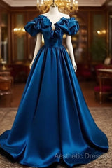 Blue Satin Long Off Shoulder A-Line Evening Prom Dresses, Blue Sweetheart Evening Dresses