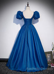 Blue Satin V-Neckline Short Sleeves Long Formal Dresses, Blue Satin Evening Prom Dresses