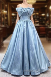 Blue Sweet A-Line Spaghetti Strap Satin Long Evening Prom Dresses Evening Party Dresses
