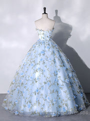 Blue Tulle 3 D Applique Long Evening Prom Dresses, Blue Formal Evening Dresses