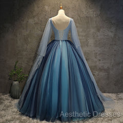 Blue Tulle Ball Gown Long Sweet 16 Dresses With Lace Applique, Evening Prom Dresses