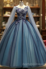 Blue Tulle Ball Gown Long Sweet 16 Dresses With Lace Applique, Evening Prom Dresses