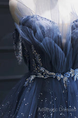 Blue Tulle Beaded Long Senior Evening Prom Dresses, A-Line Layers Beaded Long Evening Party Dresses
