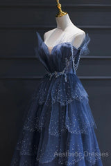 Blue Tulle Beaded Long Senior Evening Prom Dresses, A-Line Layers Beaded Long Evening Party Dresses