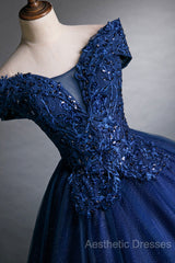 Blue Tulle Lace Long A-Line Ball Gown, Off The Shoulder Evening Party Dresses