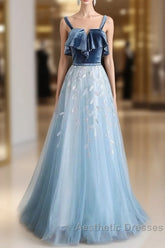 Blue Tulle Lace Long Evening Prom Dresses, Blue Tulle Long Evening Dresses