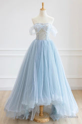 Blue Tulle Lace Long Prom Dress, High Low A-Line Evening Party Dress