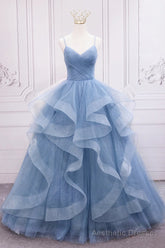 Blue Tulle Layers Long Party Dress Prom Dress, Sweet 16 Dresses
