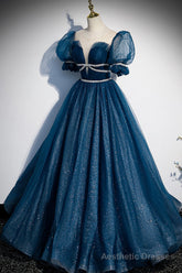 Blue Tulle Long A-Line Prom Dress, A-Line Short Sleeve Evening Dress