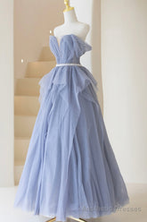 Blue Tulle Long A-Line Prom Dress, Cute Strapless Graduation Dress