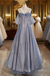 Blue Tulle Long Evening Prom Dresses, A-Line Off The Shoulder Blue Evening Party Dresses