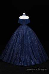 Blue Tulle Long Prom Dress with Sequins, A-Line Blue Formal Dress