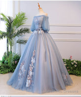 Blue Tulle Off Shoulder with Lace Floral Long Party Dress, Cute Party Dress Prom Dress