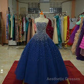 Blue Tulle Sequins Long Ball Gown Formal Dress, Sparkle Blue Quinceanera Dress