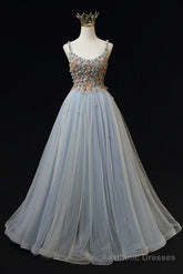 Blue Tulle with Flowers Straps Long Evening Dress, Blue Prom Party Dresses
