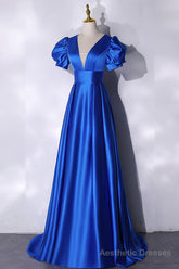 Blue V-Neck Satin Long Prom Dress, Simple Blue Evening Party Dress