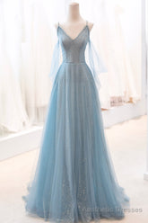 Blue V-Neck Tulle Long Prom Dress, A-Line Spaghetti Strap Evening Dress