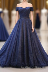 Dark Blue Shining Tulle Long Evening Prom Dresses, Evening Prom Dresses