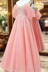 Blush Tulle A-Line Off Shoulder Appliques Dresses