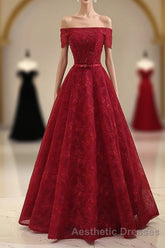 Burgundy a Line Lace Long Evening Prom Dresses, Burgundy Evening Prom Dresses
