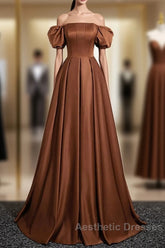 Brown A-Line Satin Long Evening Prom Dresses, Brown Long Formal Dresses