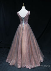 Brown A-Line Tulle Long Formal Dresses Features Plunge Neck With Mesh Insert Evening Prom Dresses,