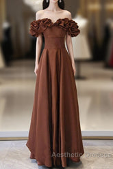 Brown Satin Off Shoulder A-Line Evening Prom Dresses, Brown Satin Evening Dresses Formal Dresses