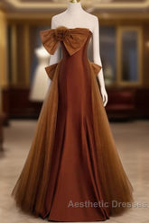 Brown Tulle And Satin Mermaid Long Party Dresses, Long Formal Dresses Evening Prom Dresses