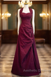Burgundy A-Line Halter Vintage Style Evening Prom Dresses, Burgundy Long Evening Dresses