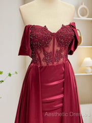 Burgundy A-Line Off Shoulder Satin Lace Long Evening Prom Dresses, Burgundy Long Formal Dresses