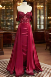Burgundy A-Line Off Shoulder Satin Lace Long Evening Prom Dresses, Burgundy Long Formal Dresses
