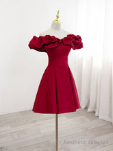 Burgundy A-Line Off Shoulder Satin Short Prom Dress, Burgundy Homecoming Dress