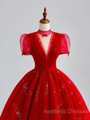 Burgundy A-Line Tulle Sequin Long Evening Prom Dresses, Burgundy Formal Dresses