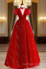 Burgundy A-Line Tulle Sequin Long Evening Prom Dresses, Burgundy Formal Dresses