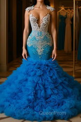 Ocean Blue Mermaid Tulle Ruffle Evening Prom Dresses Long With Beadings