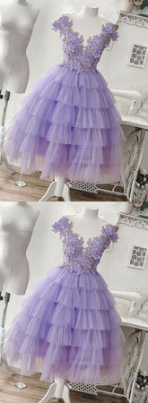 Purple Tulle Applique Short Homecoming Dress, Homecoming Dress