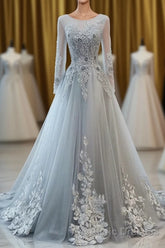 Grey Long Sleeves V Neckline Tulle Evening Prom Dresses, A Line Floor Length Party Dresses