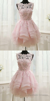 Pink Appliques Organza Tiered Short Homecoming Dress, Simple Homecoming Dresses