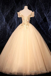 Champagne Tulle Flowers Off Shoulder Sweet 16 Party Dress, Long Prom Dress, Formal Gown