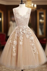Champagne Tulle Lace Short Evening Prom Dresses, Cute Homecoming Dresses
