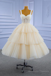 Champagne Tulle Short Prom Dress with Beaded, A-Line Tea Length Party Dress